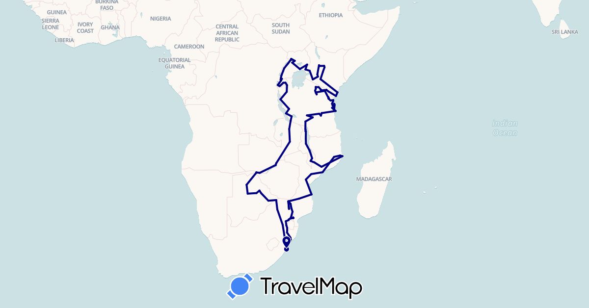 TravelMap itinerary: driving in Botswana, Kenya, Malawi, Mozambique, Rwanda, Tanzania, Uganda, South Africa, Zambia (Africa)